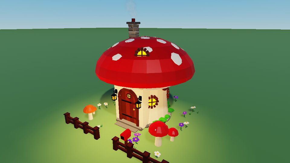 Toadstool House: a mushroom-cap cottage with a round door, lanterns and a smoking chimney.