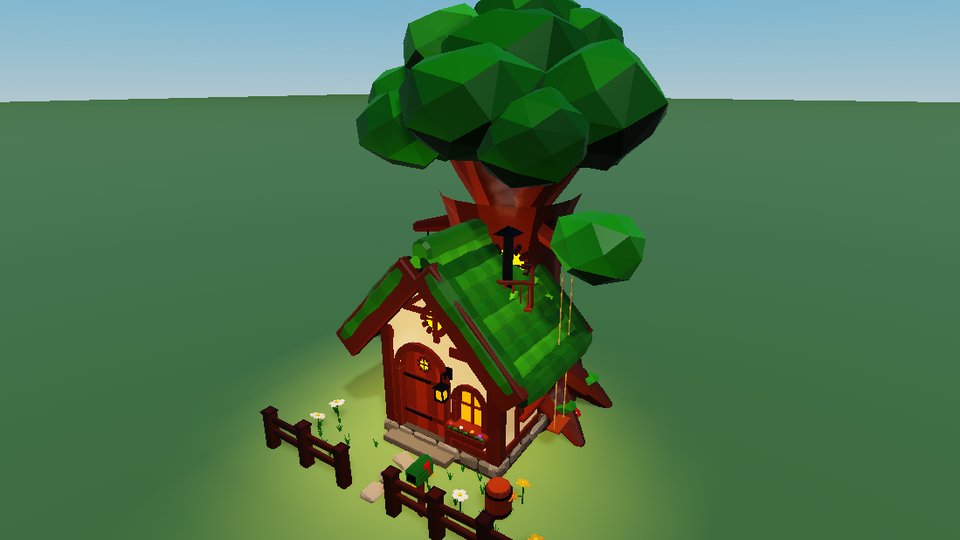 Treehollow Home: a cottage built into the roots of a giant tree, with a loft balcony and a rope swing.