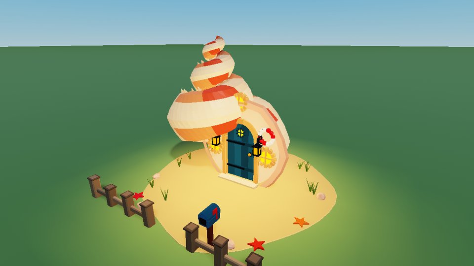Shell Cottage: a spiral seashell home on a sandy plot with a round front door.