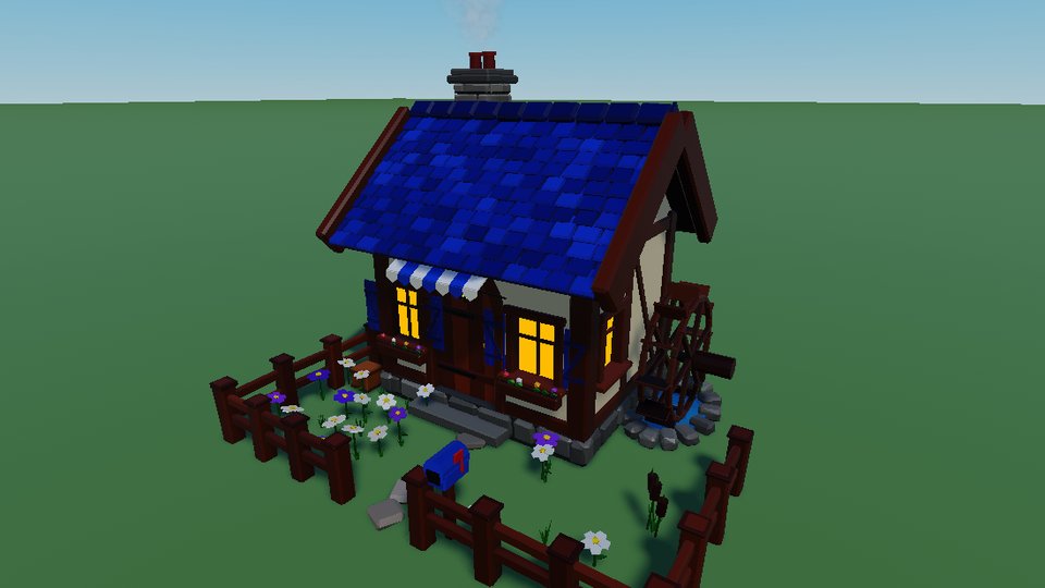 Riverside Cottage: a tiled blue-roof cottage with a turning waterwheel.
