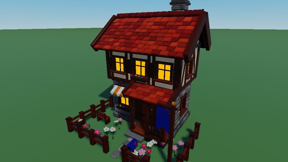 Village Family House: a two-storey timber-frame house with a porch and a stone ground floor.