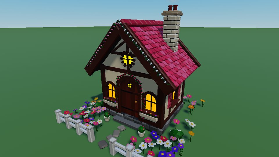 Flower Cottage: a rose-roofed cottage framed by flower beds and a white picket fence.