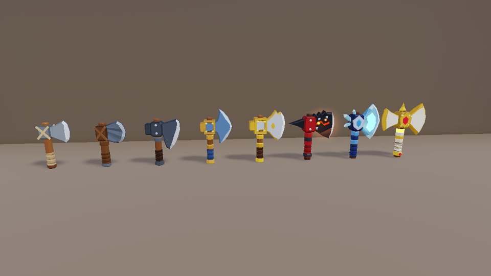 Named axe line, from a lashed starter axe up to the gold-and-ruby Heirloom Axe.