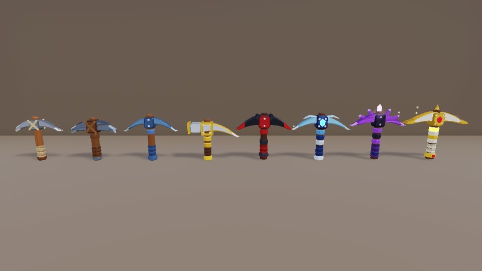 Named pickaxe line; later tiers add crystal inlays and a glow.