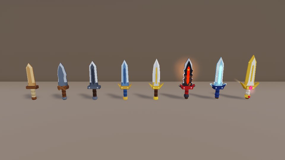 Sixteen-sword set, named line: training blade to Ember, Frost and Heirloom swords.