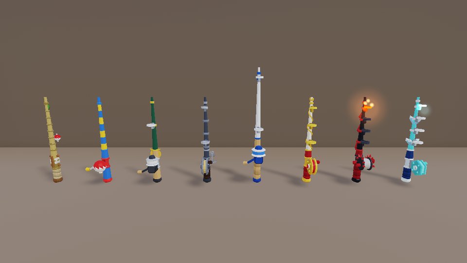 Fishing rods, each with its own reel and guides, from an old bamboo rod to the Diamond Rod.
