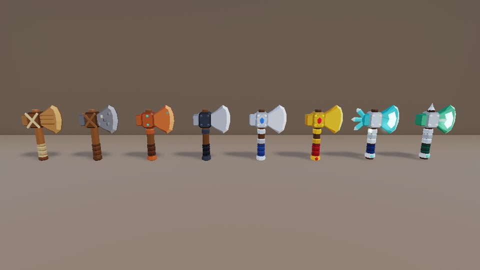 Material line: the same axe silhouette in wood, cobblestone, copper, steel, silver, gold, diamond and mythril.