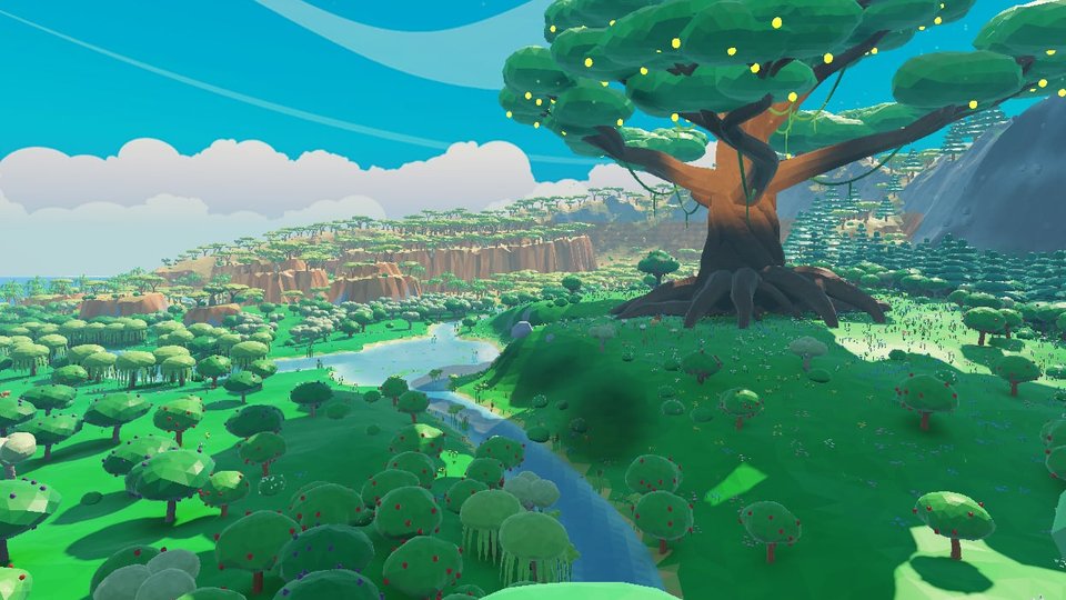 The Eden map from above: rivers winding past orchards and cliffs toward the giant tree.