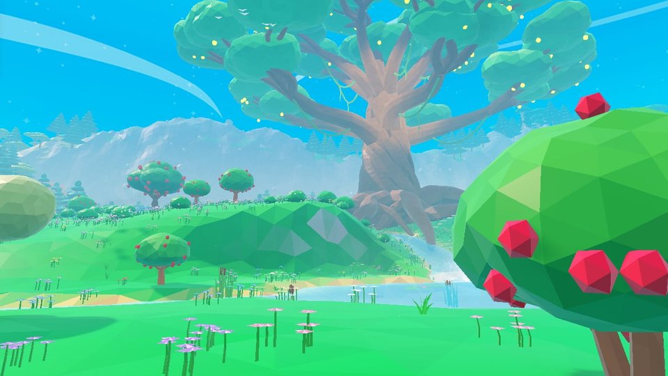 Ground level in Eden: fruit trees, flower meadows and the giant tree over the river.