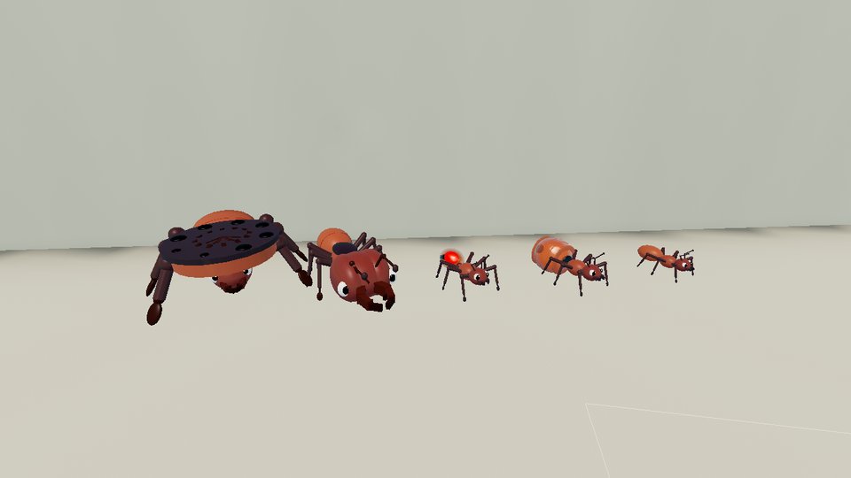 The ant castes side by side: tank, warrior, ranged, resource and worker.