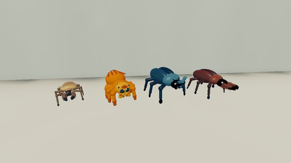 Antlion, plush jumping spider, rhino beetle and stag beetle.