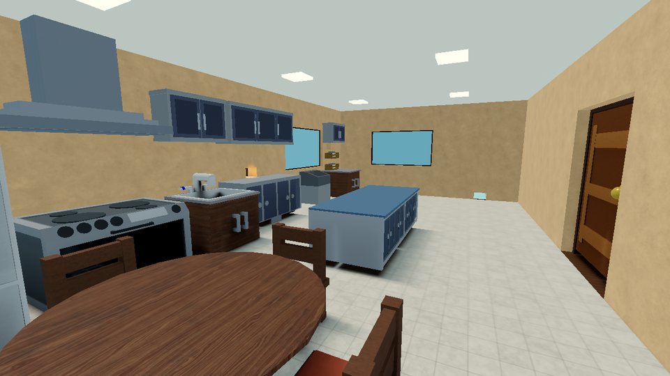 The house kitchen: cabinets, stove, island and dining table.
