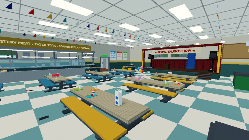 The school cafeteria: lunch tables, serving line and the talent-show stage.