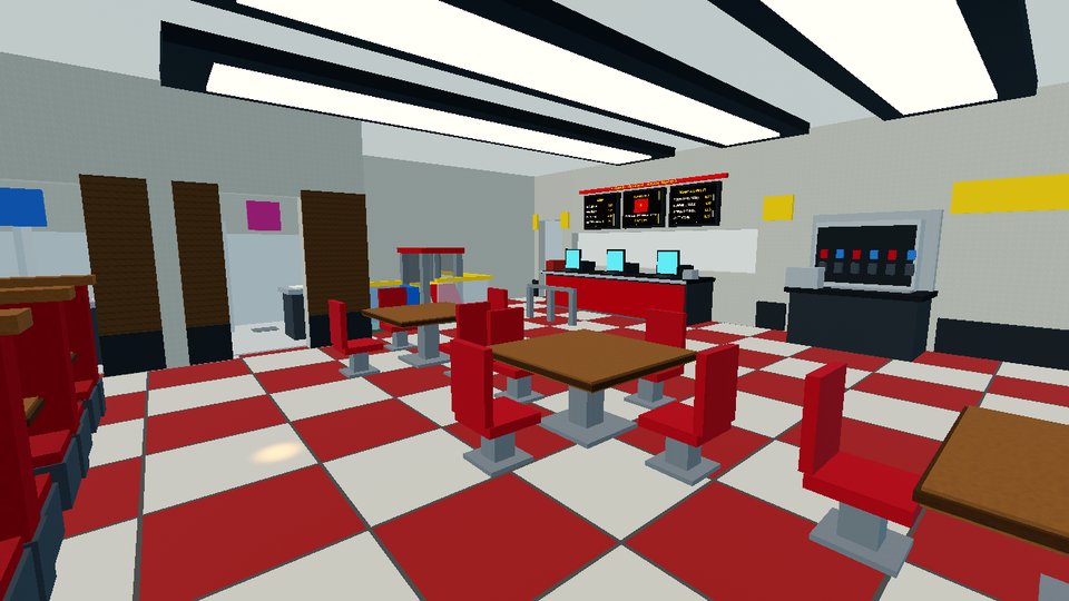 The fast-food restaurant dining room, counter and drinks station.
