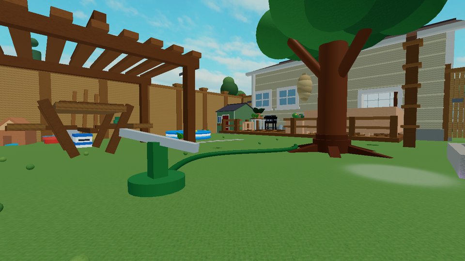 The backyard map: pergola, sprinkler, tree, shed and the house deck.